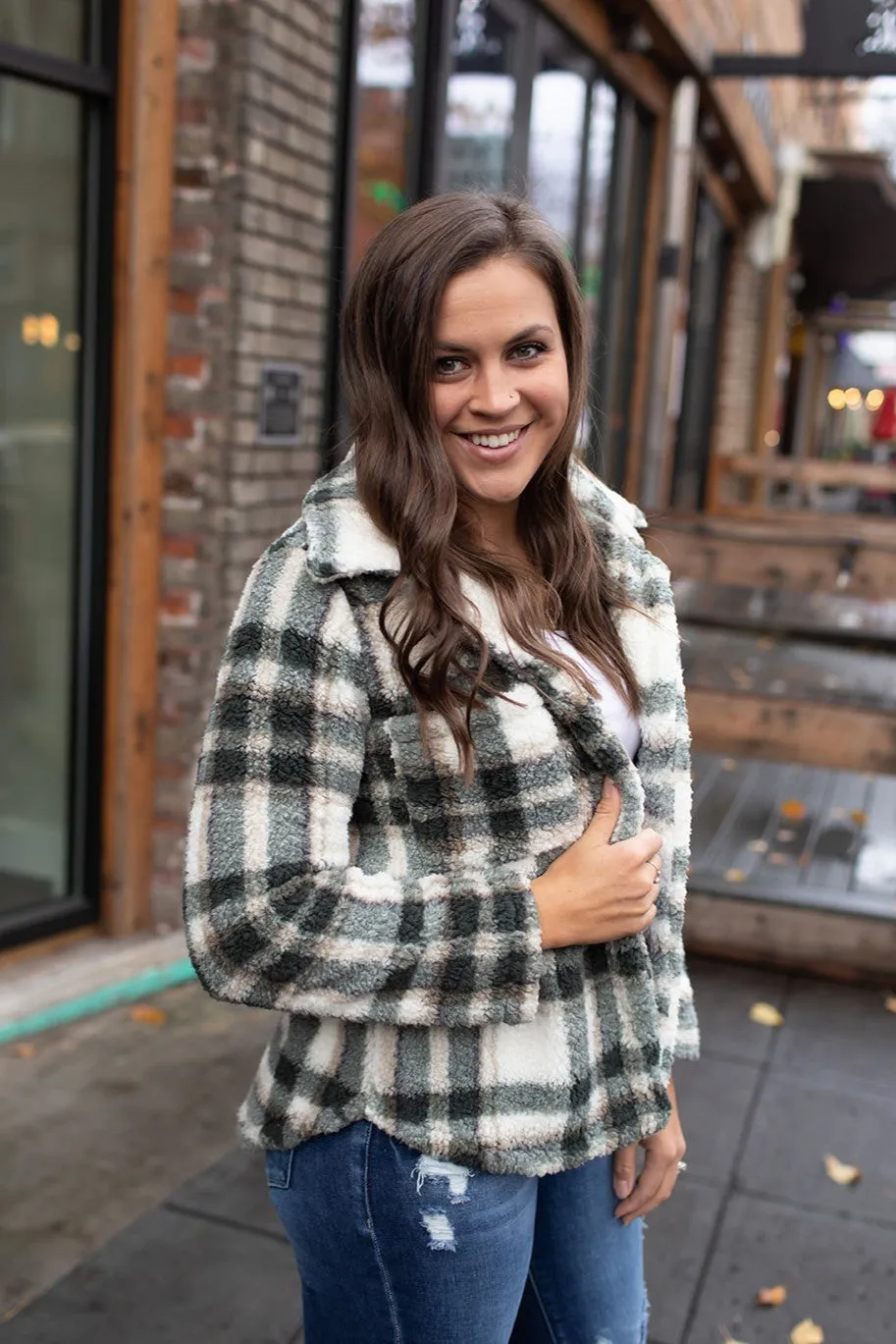 Green & Cream Plaid Sherpa Jacket