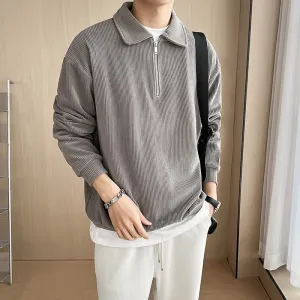 Half Zipper Polo Collar Stripes Thin Shirt