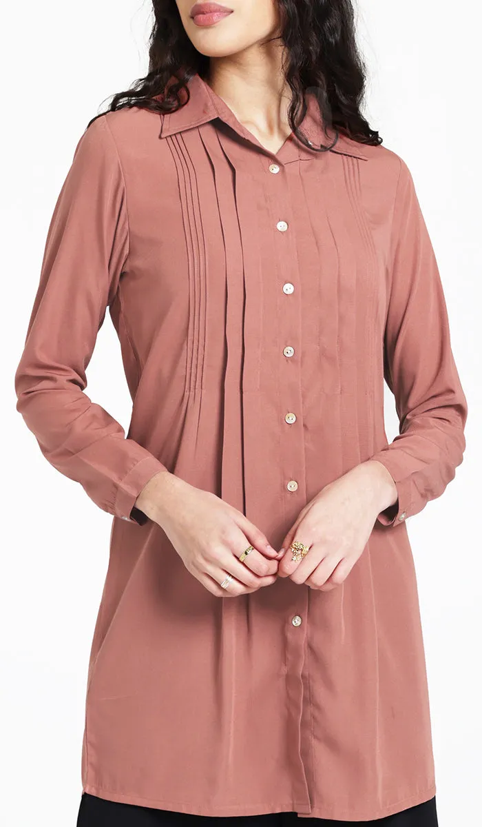 Hanane Pleated Button Down Tunic Dress - Rose