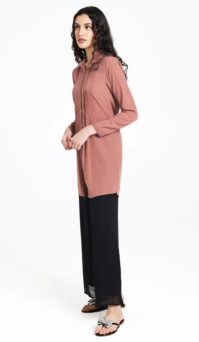 Hanane Pleated Button Down Tunic Dress - Rose