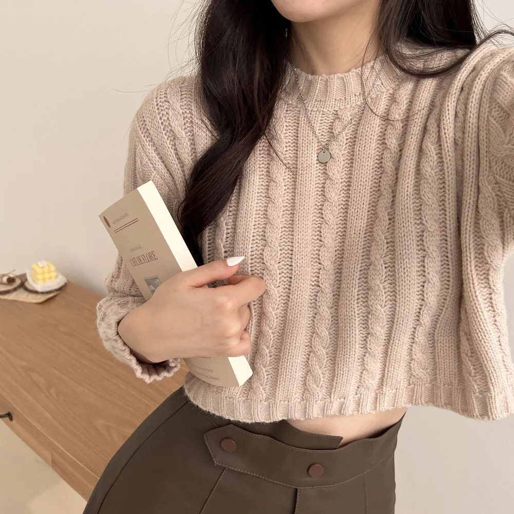 Hnzxzm leapord outfit Korean Style Lazy Style Simple round Neck Long Sleeve Twist Loose Pullover Knitted Top Short Light Khaki Sweater