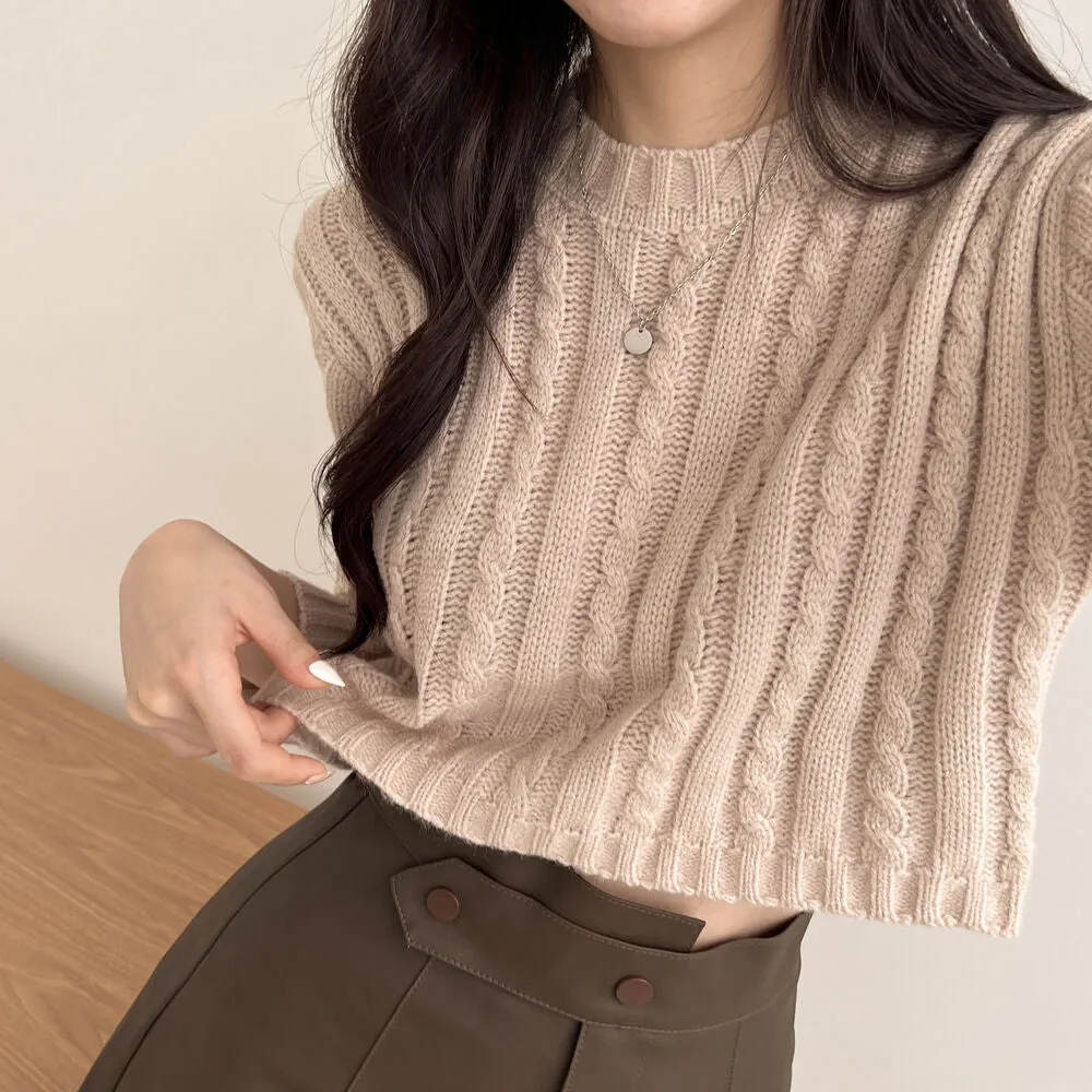 Hnzxzm leapord outfit Korean Style Lazy Style Simple round Neck Long Sleeve Twist Loose Pullover Knitted Top Short Light Khaki Sweater