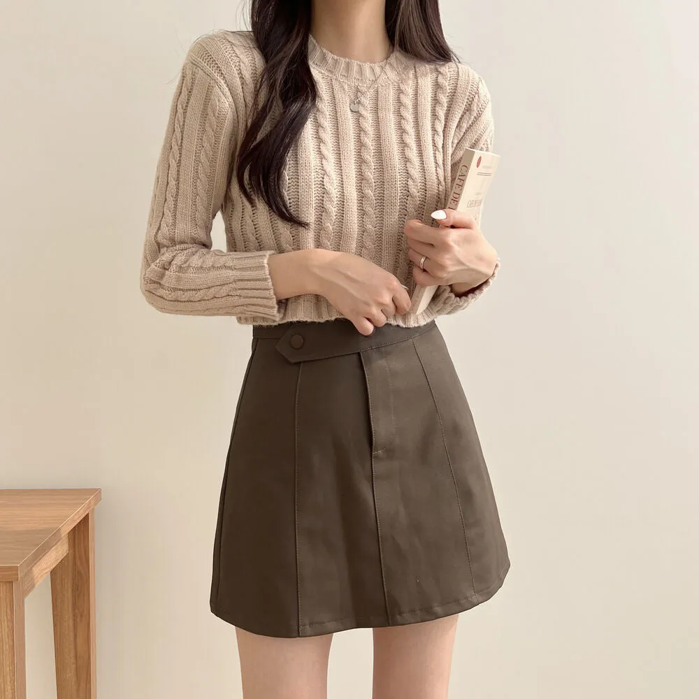 Hnzxzm leapord outfit Korean Style Lazy Style Simple round Neck Long Sleeve Twist Loose Pullover Knitted Top Short Light Khaki Sweater