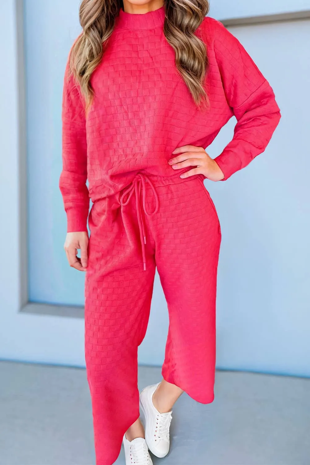 Hot Pink Checkered Textured Pullover Top and Pants Set