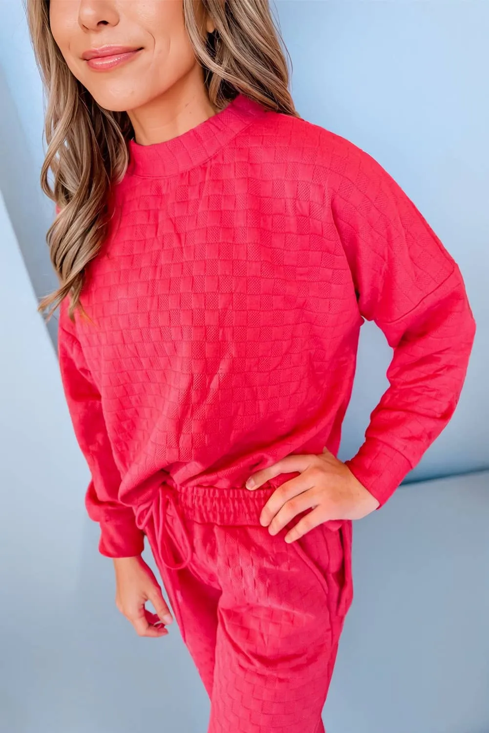 Hot Pink Checkered Textured Pullover Top and Pants Set