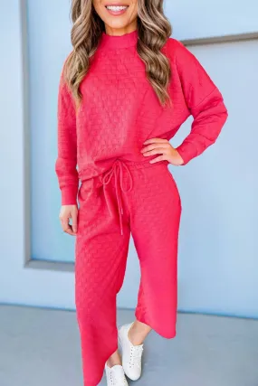 Hot Pink Checkered Textured Pullover Top and Pants Set