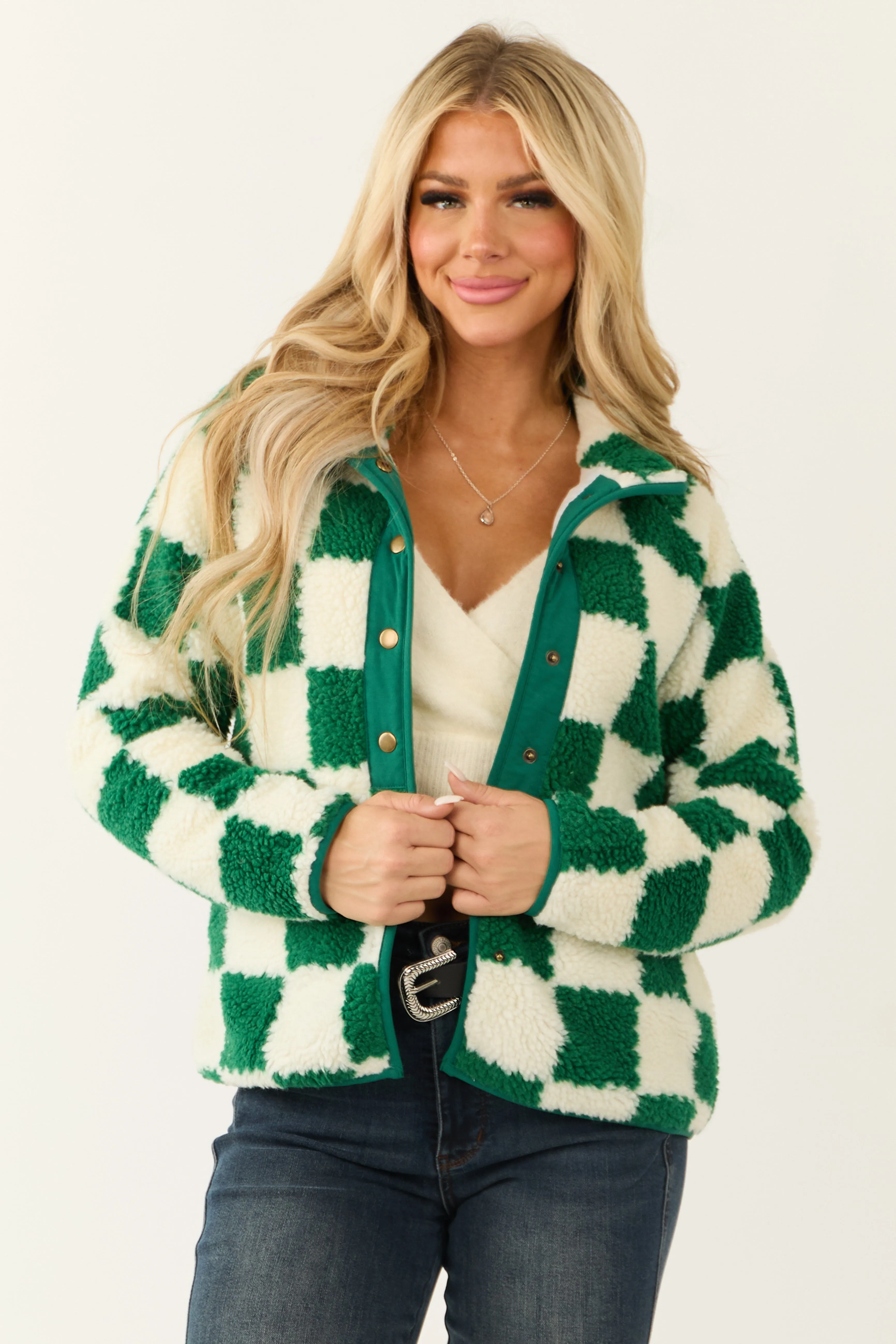 Hunter Green Checkered Button Down Sherpa Jacket