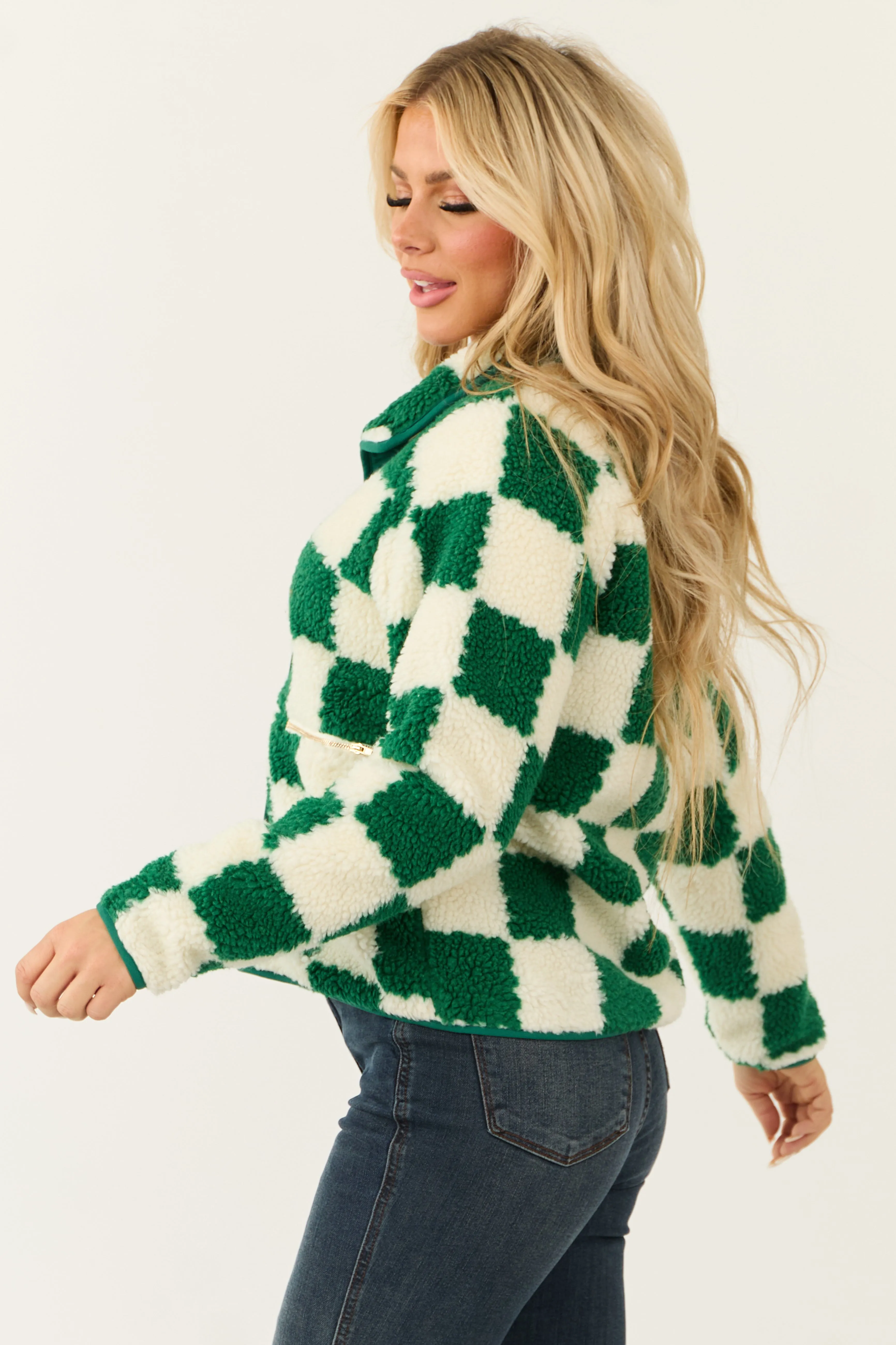 Hunter Green Checkered Button Down Sherpa Jacket