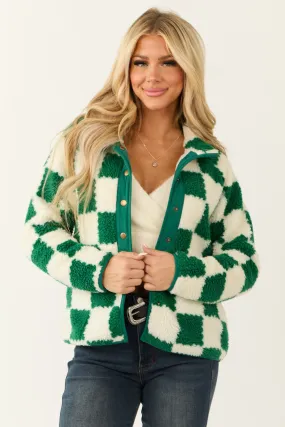 Hunter Green Checkered Button Down Sherpa Jacket