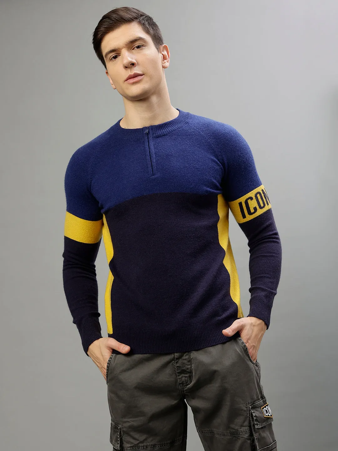 Iconic Men Colour blocked Round Neck Full Sleeves Sweater