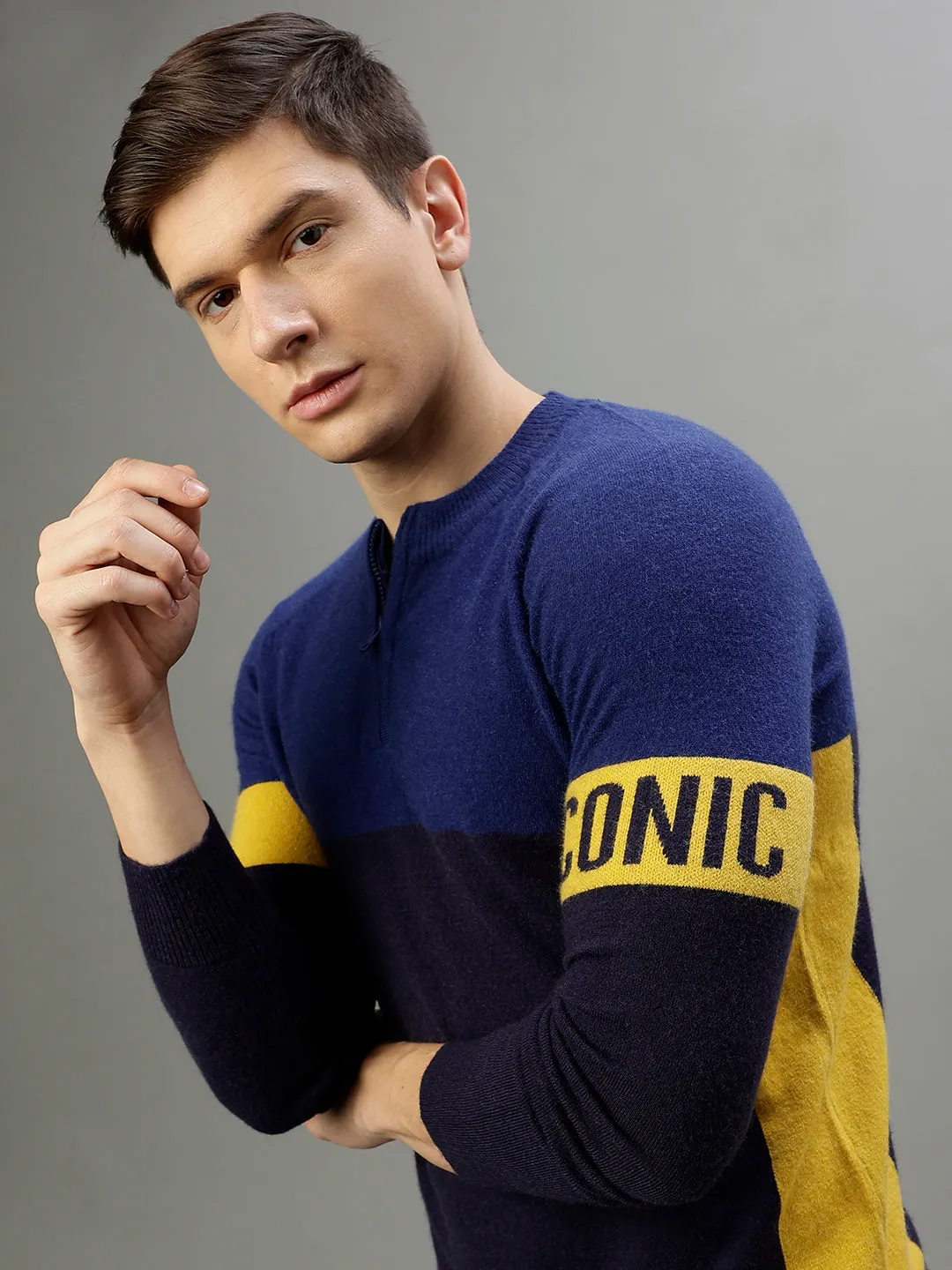 Iconic Men Colour blocked Round Neck Full Sleeves Sweater