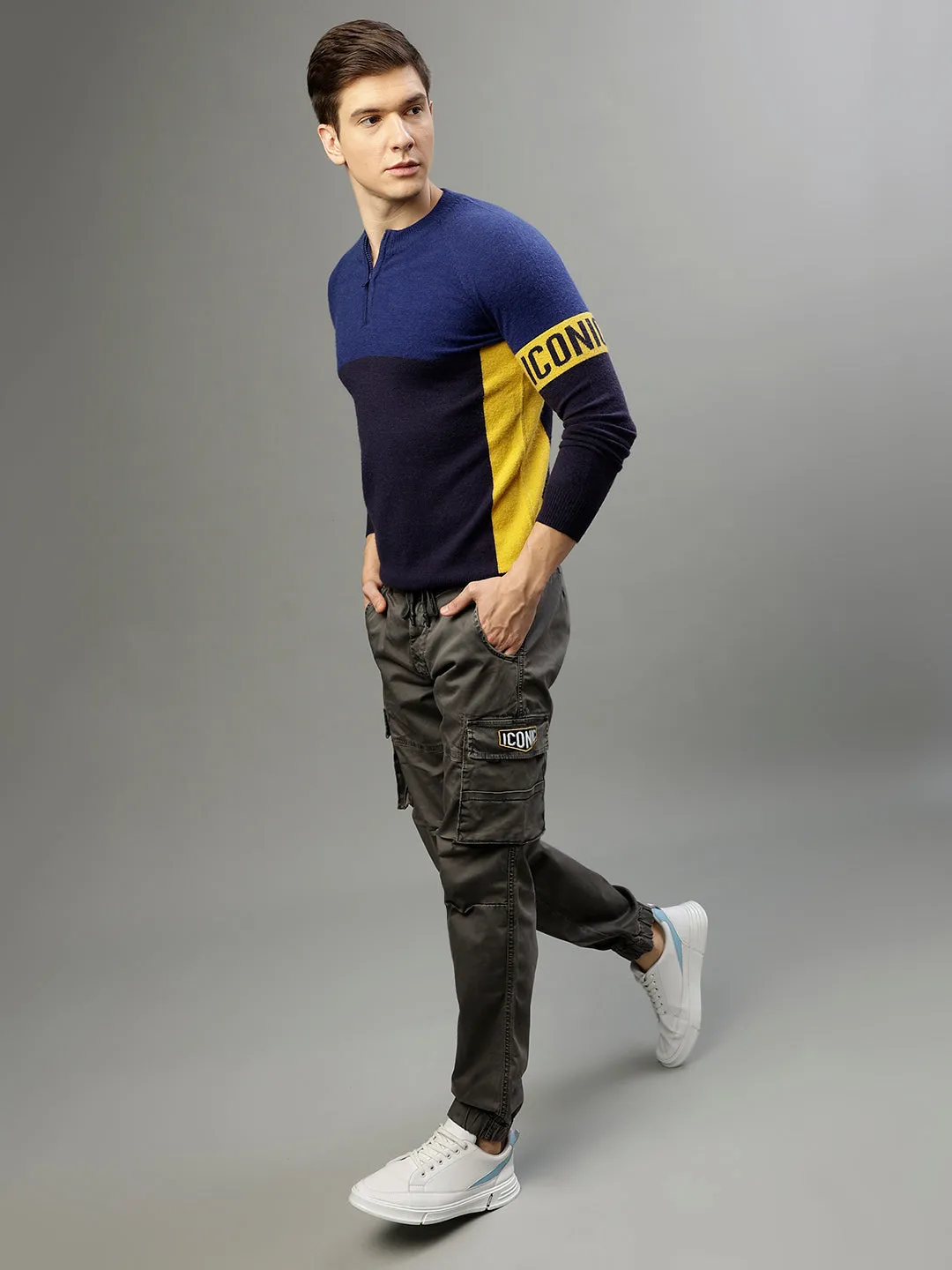 Iconic Men Colour blocked Round Neck Full Sleeves Sweater