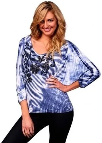 IDI Fashion - Denim Blue, Dolman Sleeve Blue Top with Stud Detailing