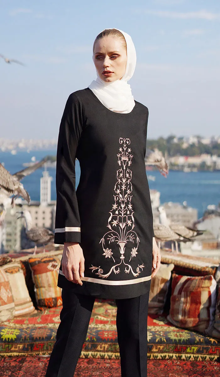 Isabel Floral Embroidered Long Tunic - Black