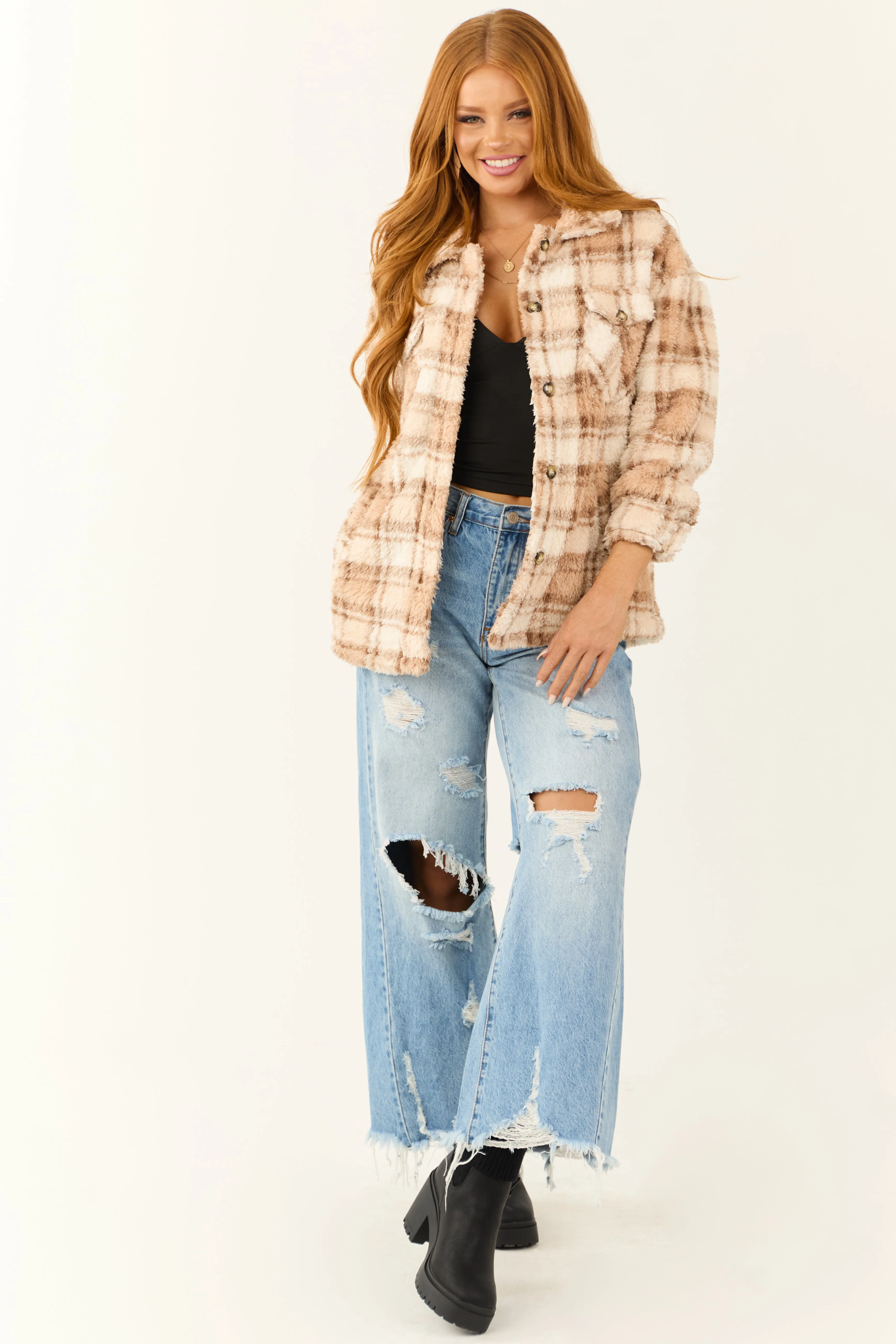 Ivory and Nude Sherpa Plaid Button Up Jacket