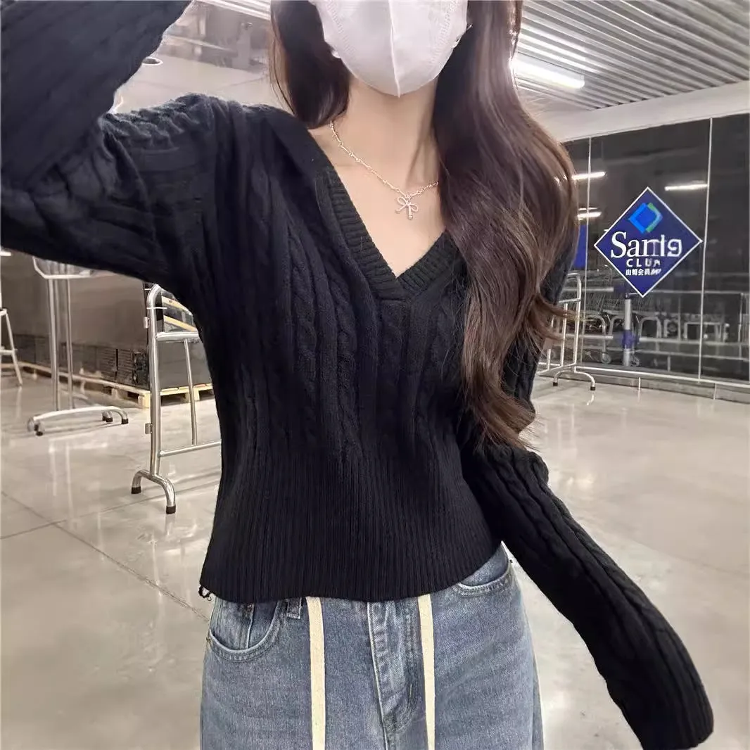 Lanfubeisi casual outfits Autumn Women's Mishen * Hooded Twist Sweater Women's Autumn Short V-neck Tight Waist Sweater Pullover Top