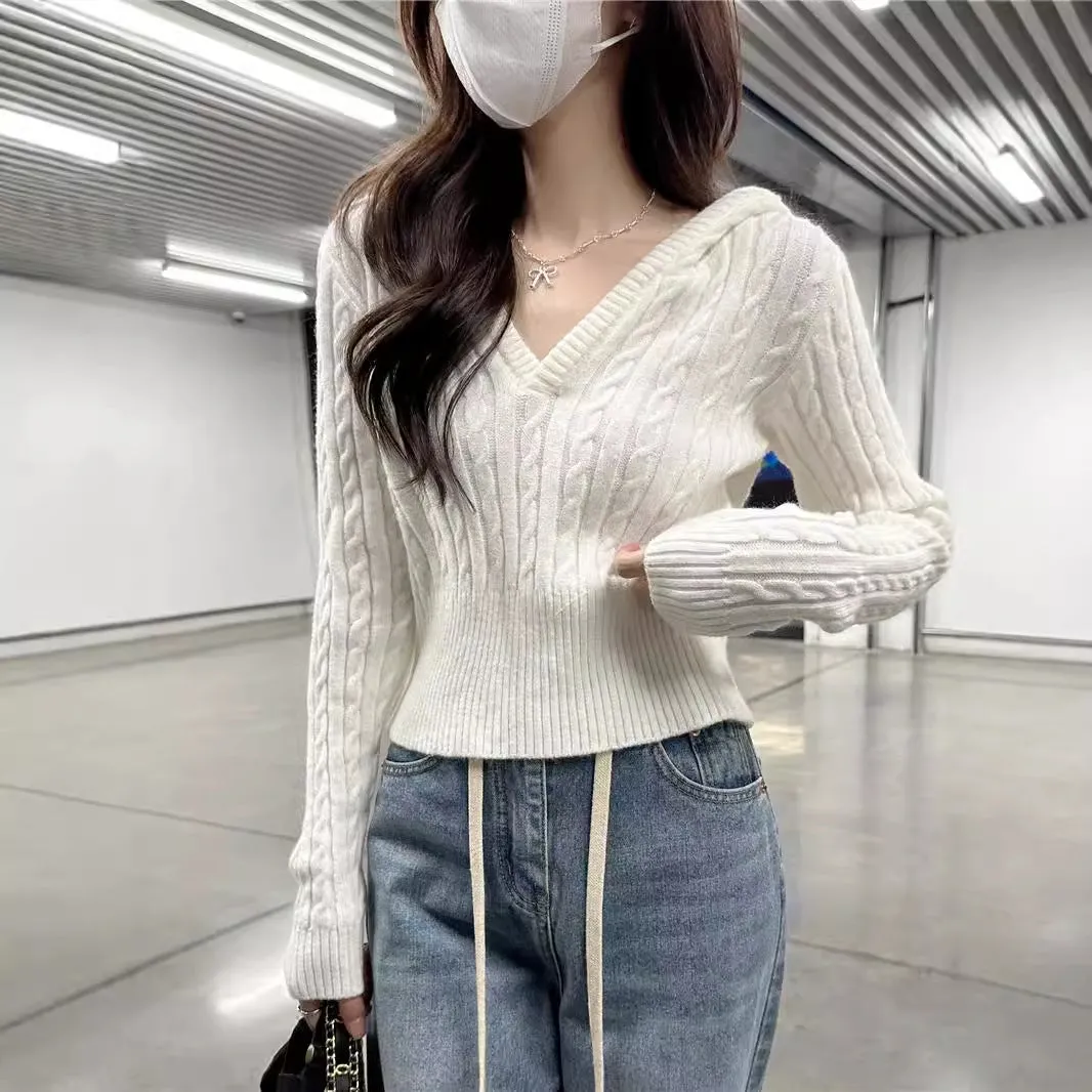 Lanfubeisi casual outfits Autumn Women's Mishen * Hooded Twist Sweater Women's Autumn Short V-neck Tight Waist Sweater Pullover Top