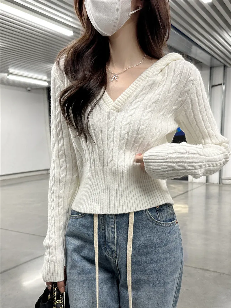 Lanfubeisi casual outfits Autumn Women's Mishen * Hooded Twist Sweater Women's Autumn Short V-neck Tight Waist Sweater Pullover Top