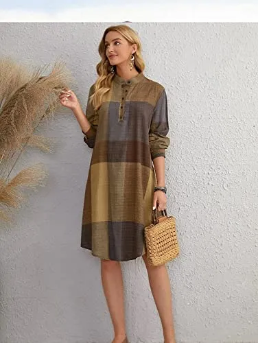 Leriya Fashion Western Dress || Rayon Color Block Half Button Front Dress for Women || Long Cuff Sleeve & Stand Collared Neck Tunic Dress || Office || Summer Dresses for Women. (XX-Large, Mustard)