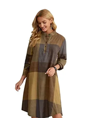 Leriya Fashion Western Dress || Rayon Color Block Half Button Front Dress for Women || Long Cuff Sleeve & Stand Collared Neck Tunic Dress || Office || Summer Dresses for Women. (XX-Large, Mustard)