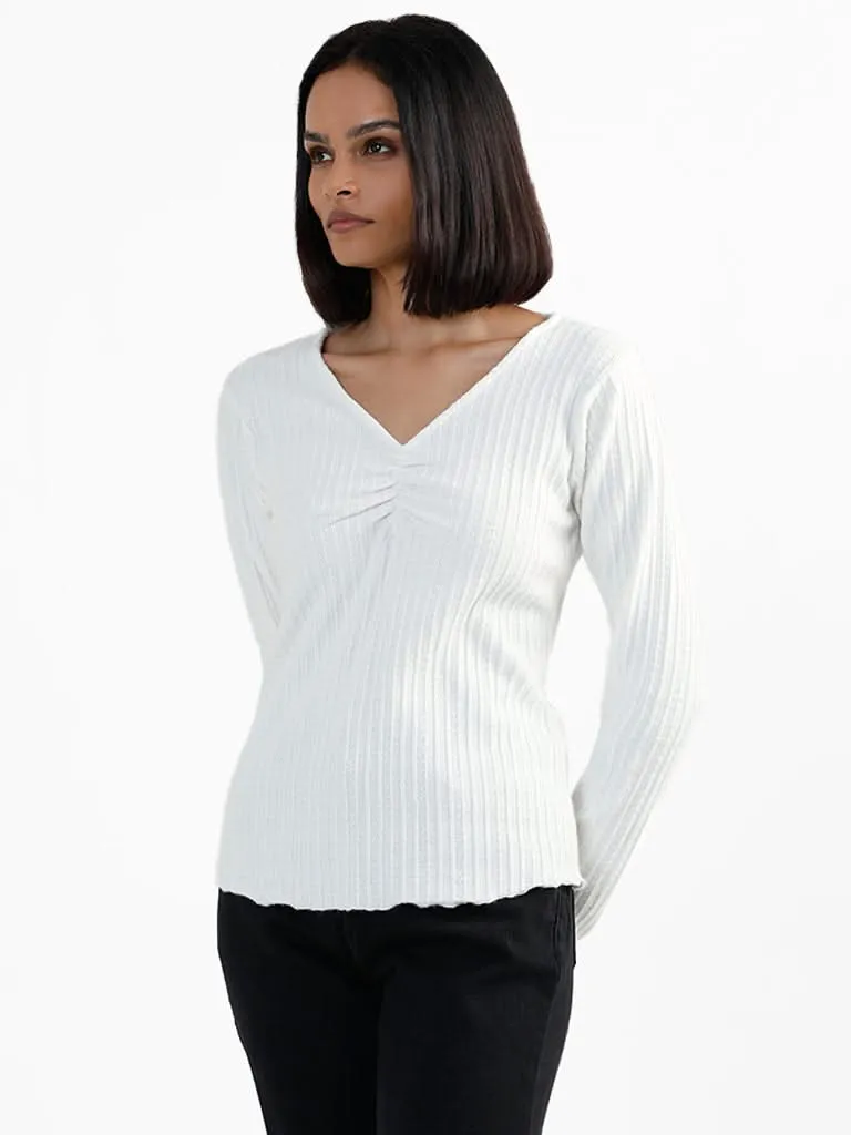 LOV Weaved V Neck White Sweater