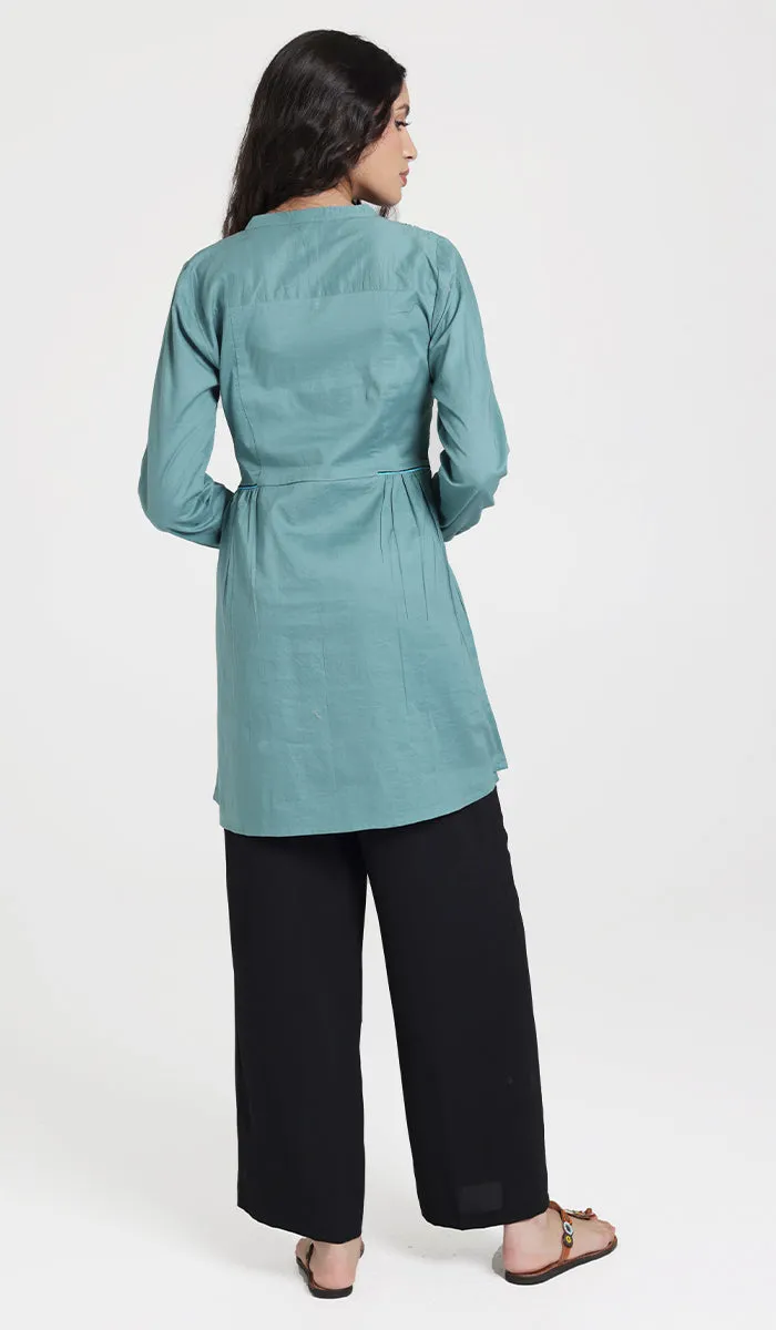 Marzo Embroidered Cotton Modest Buttondown Tunic - Sea green