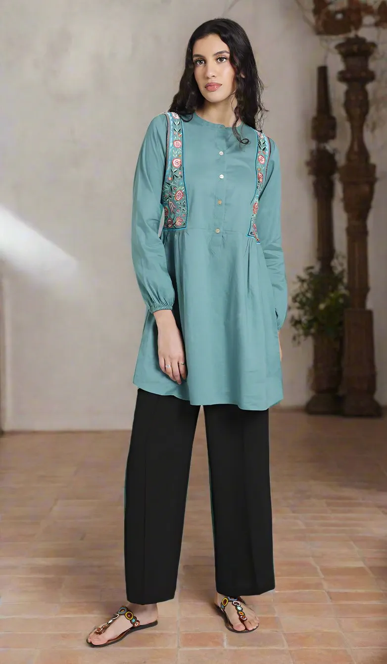 Marzo Embroidered Cotton Modest Buttondown Tunic - Sea green