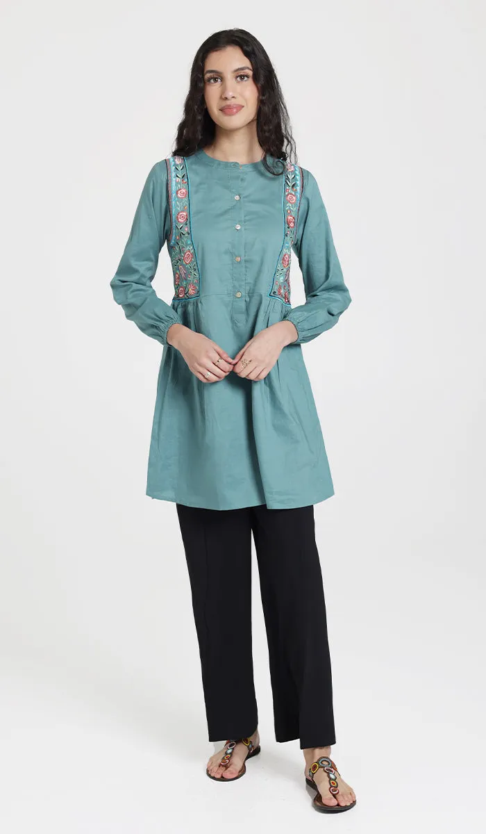 Marzo Embroidered Cotton Modest Buttondown Tunic - Sea green