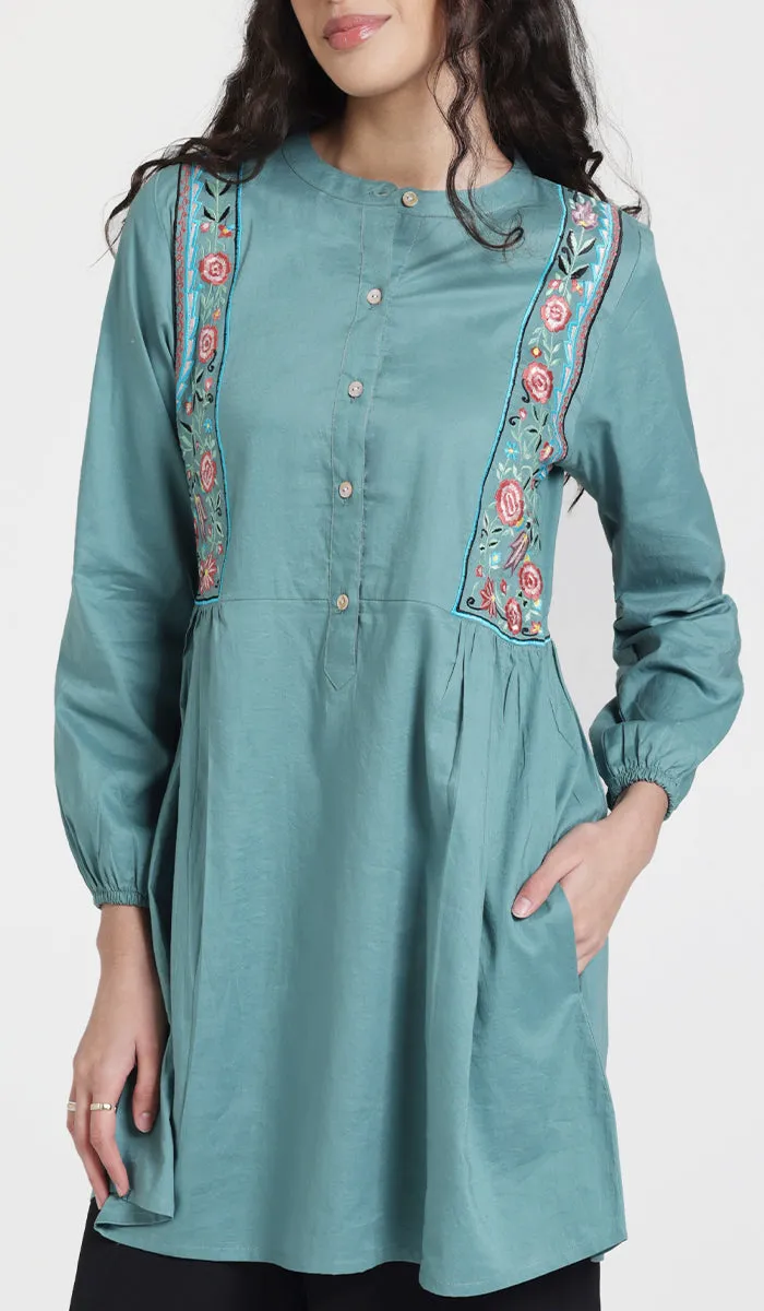 Marzo Embroidered Cotton Modest Buttondown Tunic - Sea green