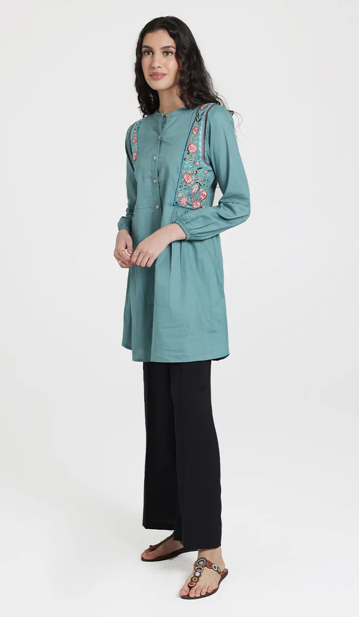 Marzo Embroidered Cotton Modest Buttondown Tunic - Sea green