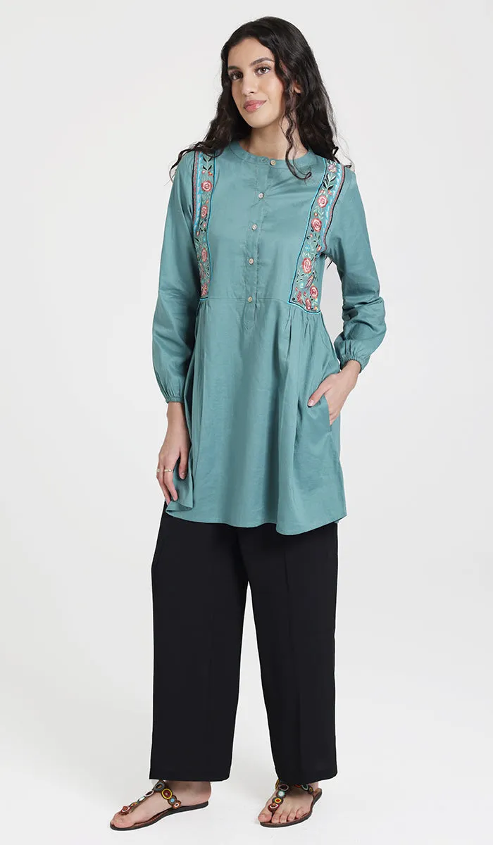 Marzo Embroidered Cotton Modest Buttondown Tunic - Sea green