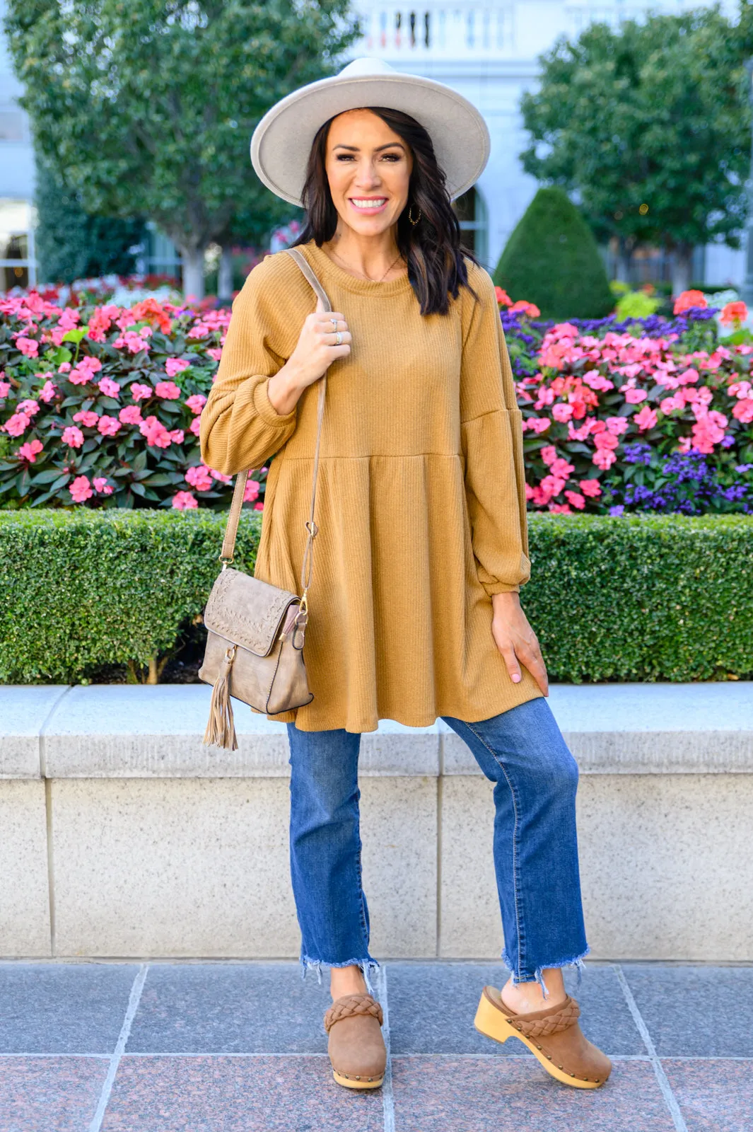 Melrose Ribbed Knit Raglan Tunic In Mustard