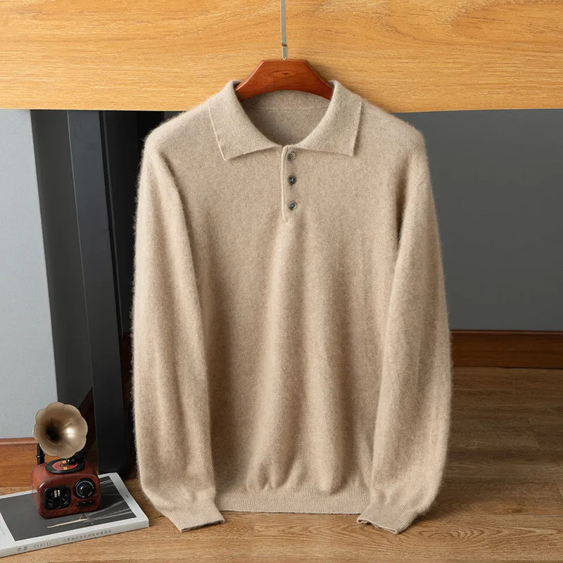 Men's 100% Pure Cashmere Loose Pullover Sweater Polo Shirt Collar Cashmere Sweater