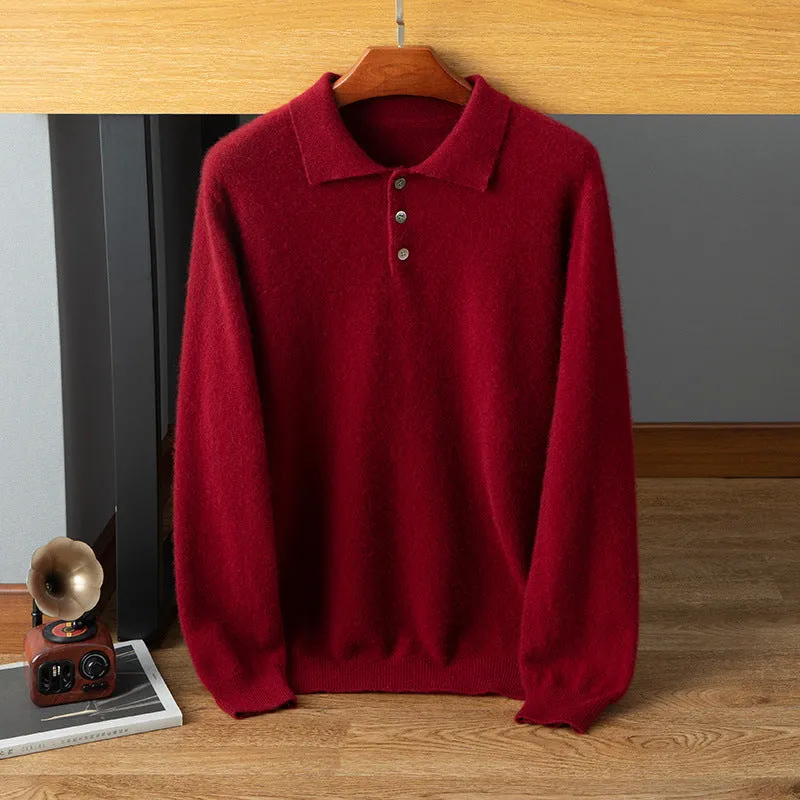 Men's 100% Pure Cashmere Loose Pullover Sweater Polo Shirt Collar Cashmere Sweater