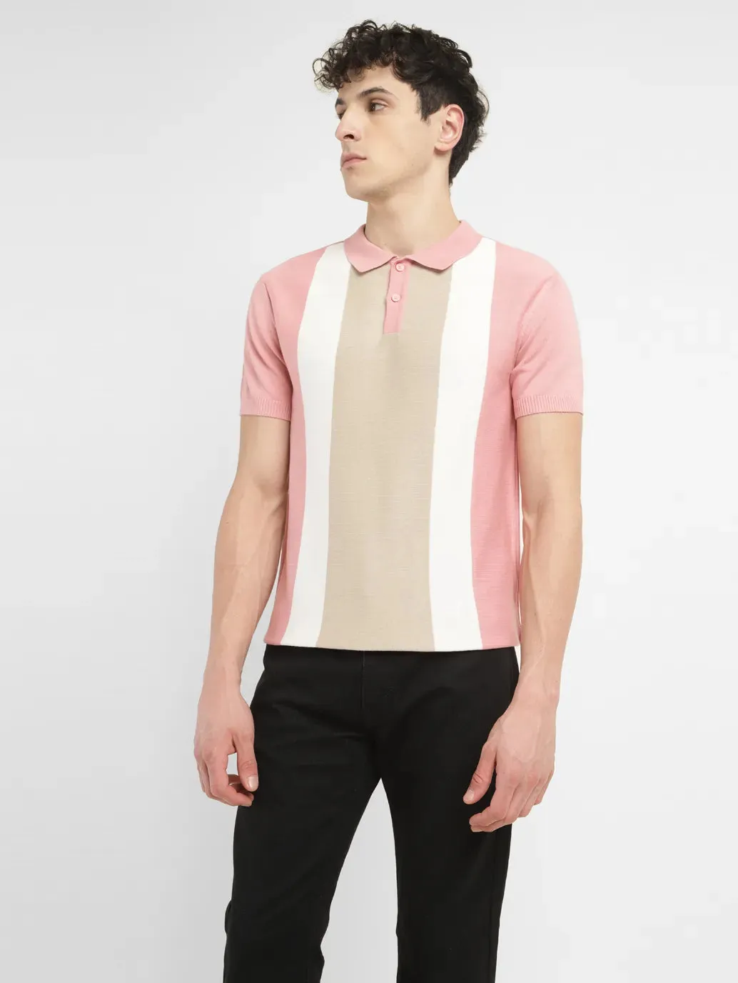 Men's Colorblock Pink Polo Collar Sweater