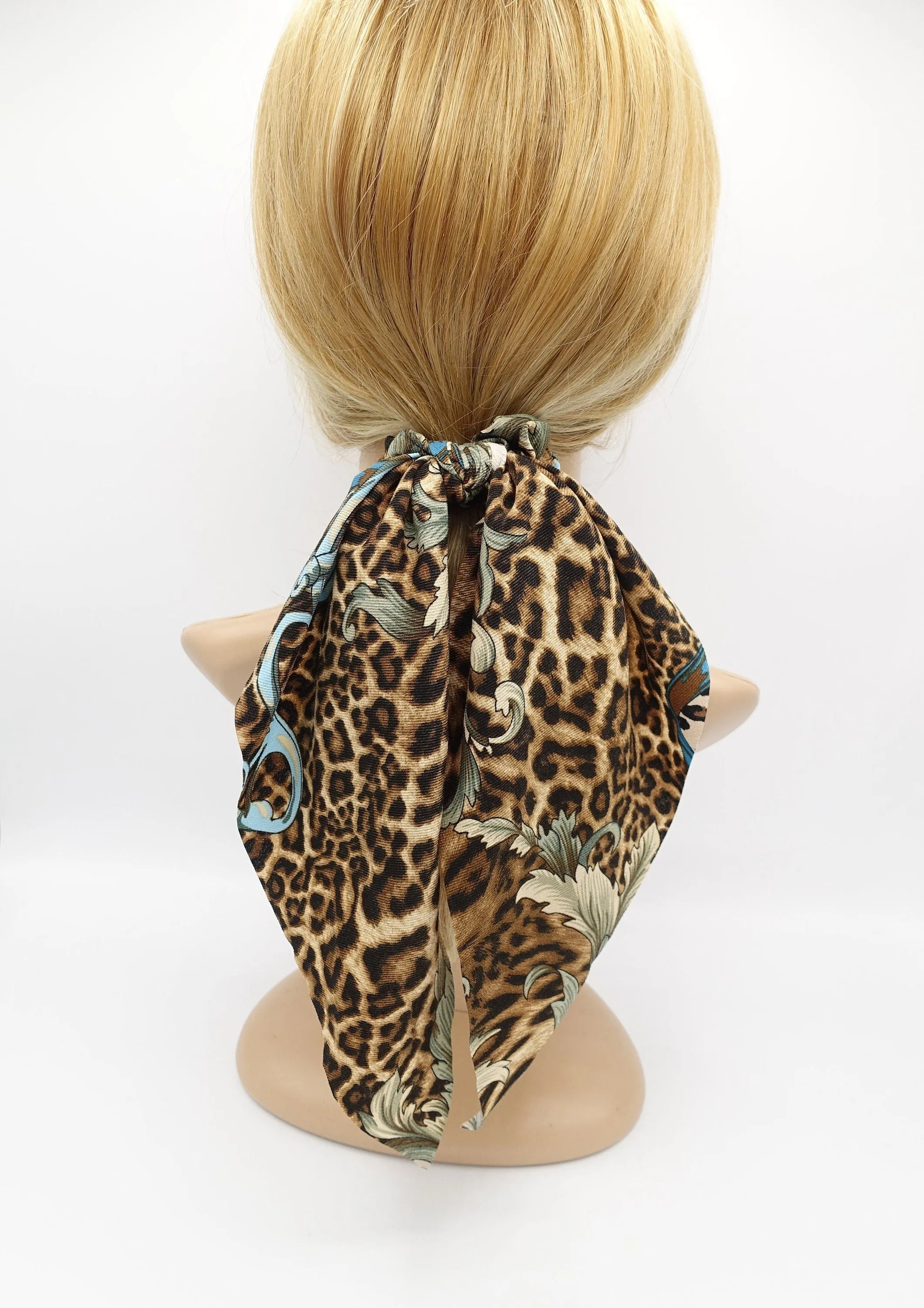 modern leopard print scrunchies long tail wing knot hair elastic glossy scrunchy