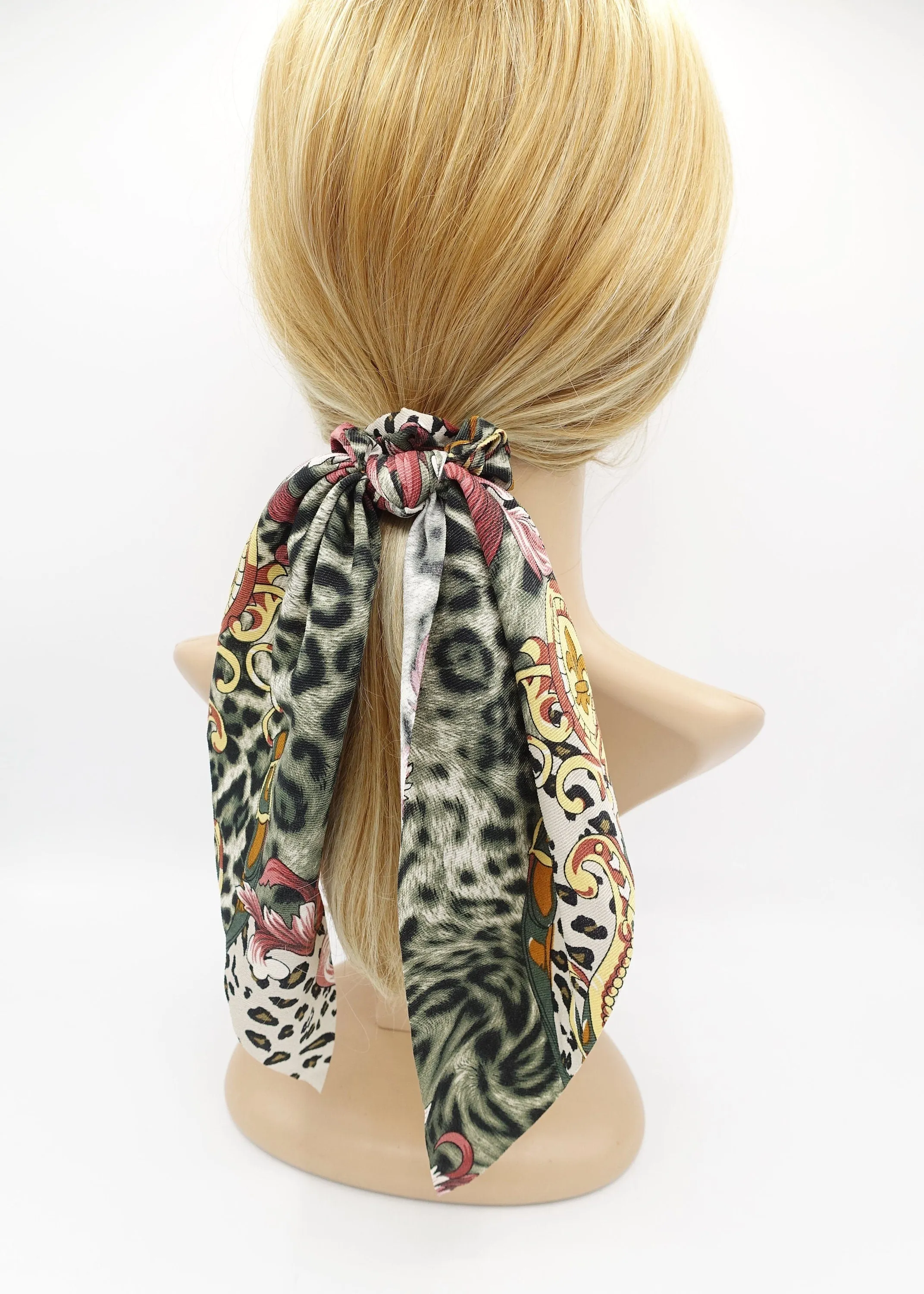 modern leopard print scrunchies long tail wing knot hair elastic glossy scrunchy