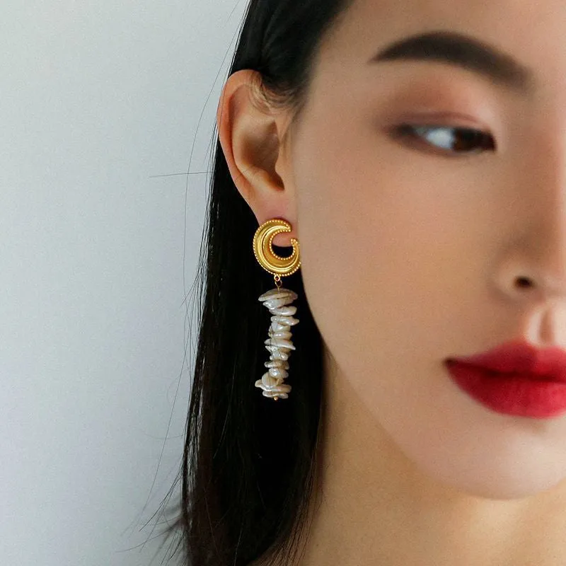 Moon Baroque Pearl Long Earrings