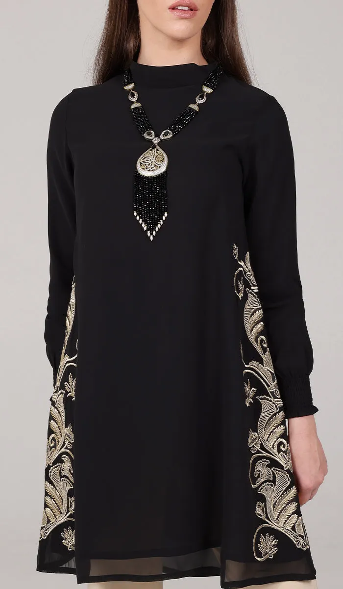 Nyla Gold Embellished Long Modest Tunic - Black