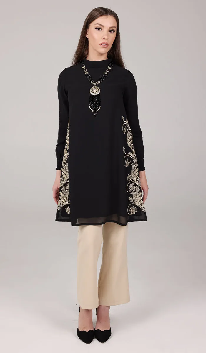 Nyla Gold Embellished Long Modest Tunic - Black