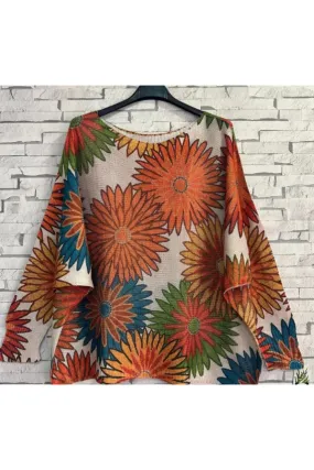 Orange Floral Round Knit Printed Sweater