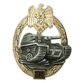 Original German WWII 25 Engagement Panzer Assault Tank Badge by Josef Feix & Söhne