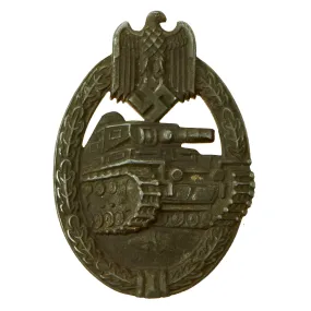 Original German WWII Bronze Grade Panzer Assault Tank Badge by Frank & Reif of Stuttgart - Solid Back Version