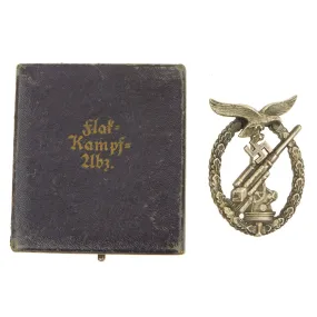 Original German WWII Early Luftwaffe Anti-Aircraft Flak Battle Badge by C.E. Juncker in Original Case