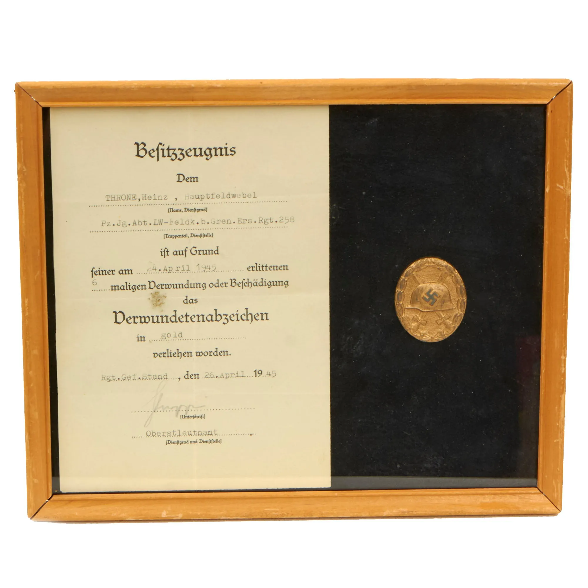 Original German WWII Framed Gold 1st Class Wound Badge by B.H. Mayer's Art Mint with Award Document - 10 ¾" x 8 ¾"