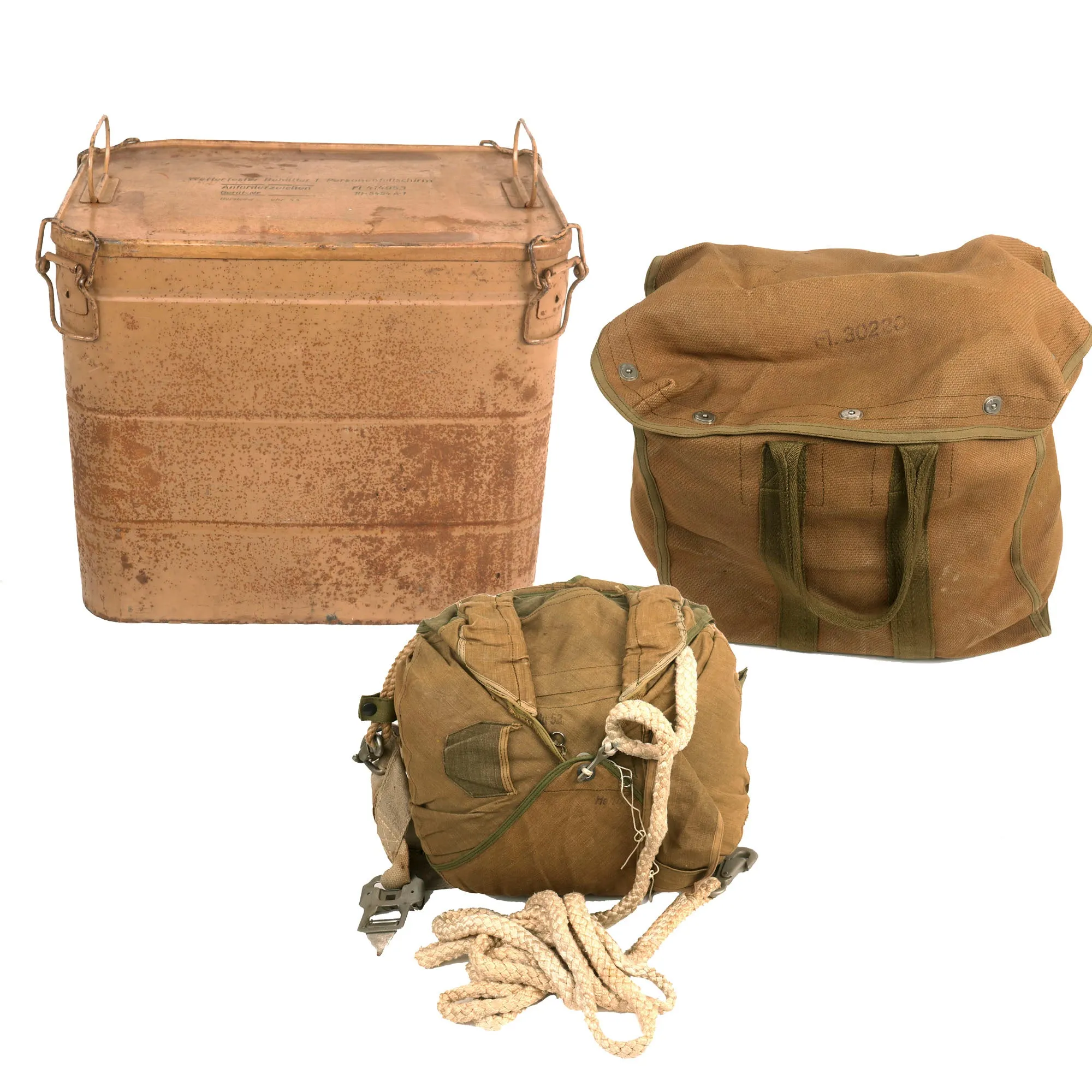 Original German WWII Luftwaffe Fallschirmjäger Parachute Complete Set with Harness and Transit Chest dated 1944