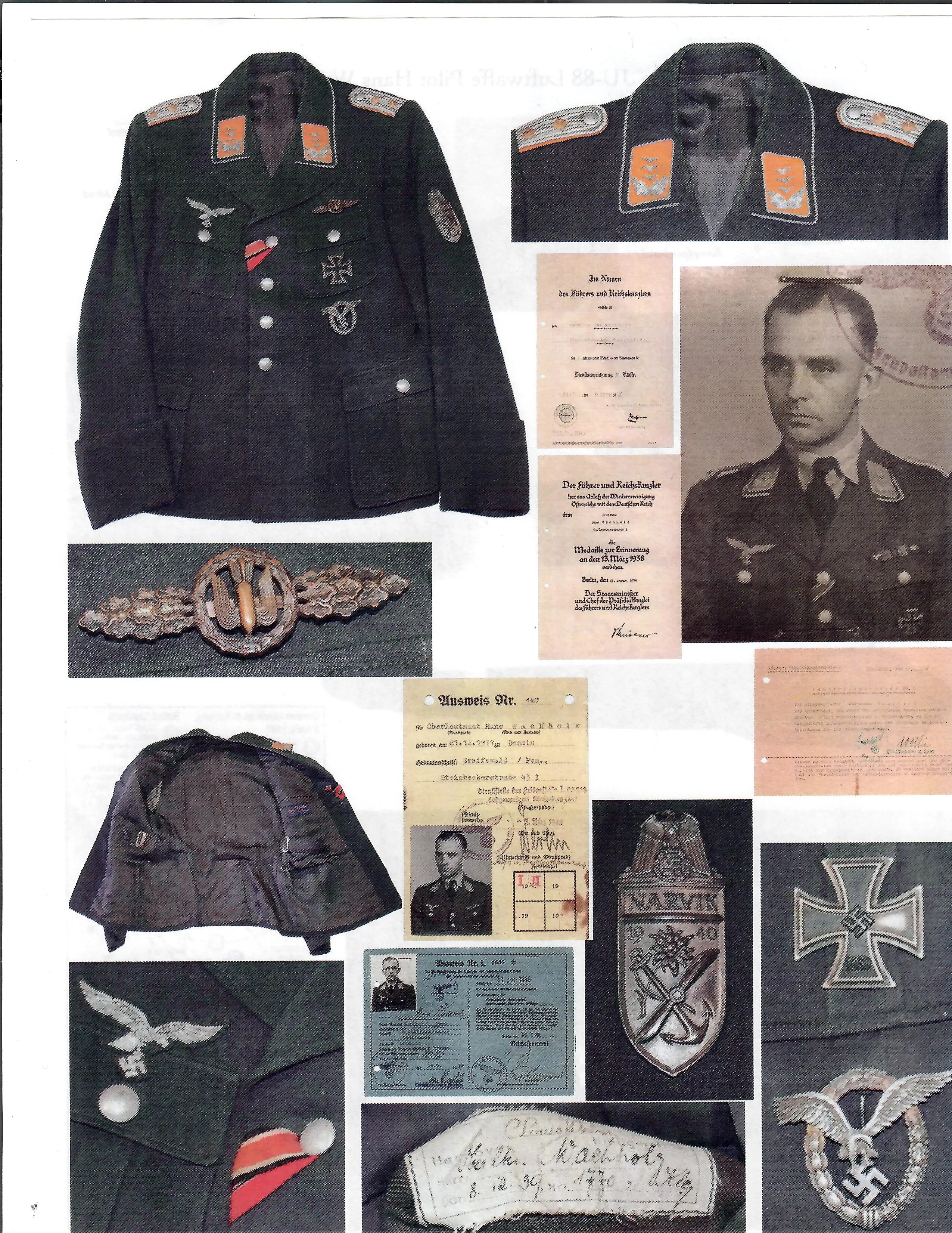 Original German WWII Luftwaffe Junkers Ju 88 Pilot Hauptmann Hans Wachholz Named Uniform Tunic, Award & Document Grouping