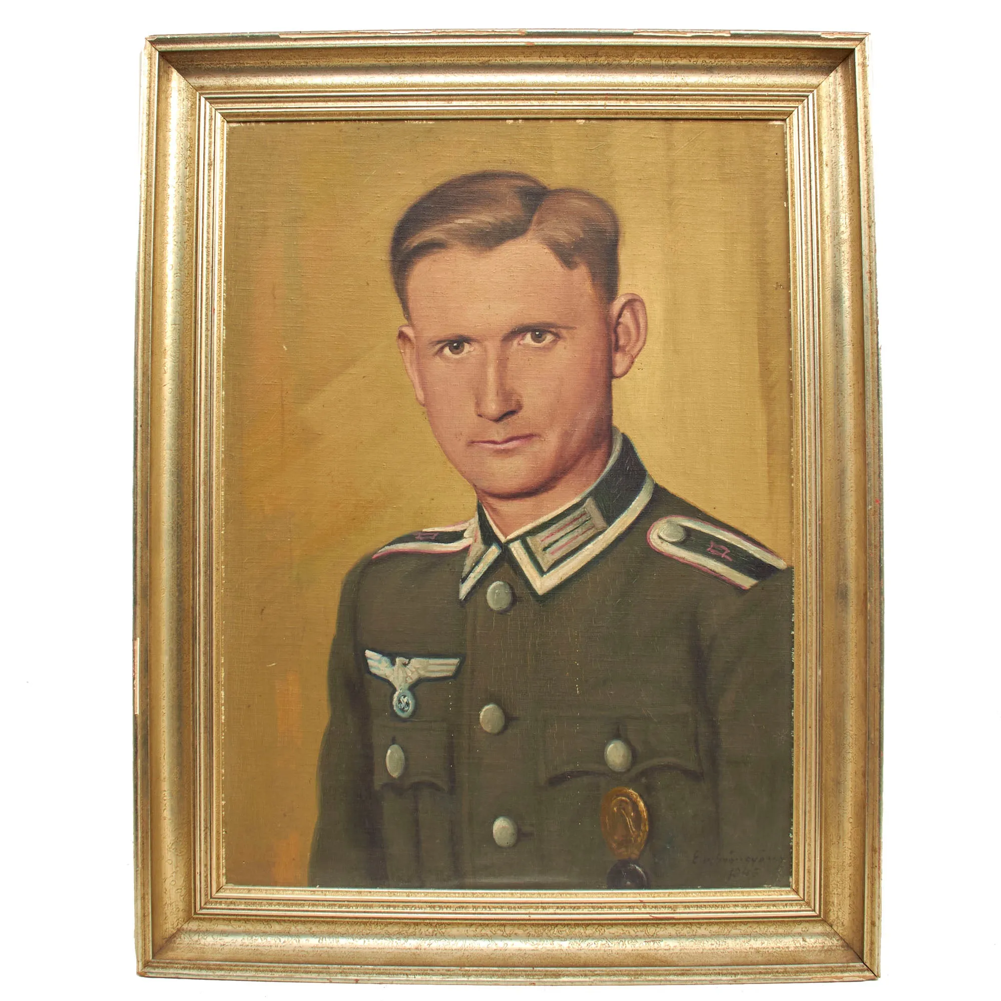 Original German WWII Panzerjäger Anti-Tank Unteroffizier NCO Framed Portrait Painting - Signed and Dated 1945 - 22" x 28"