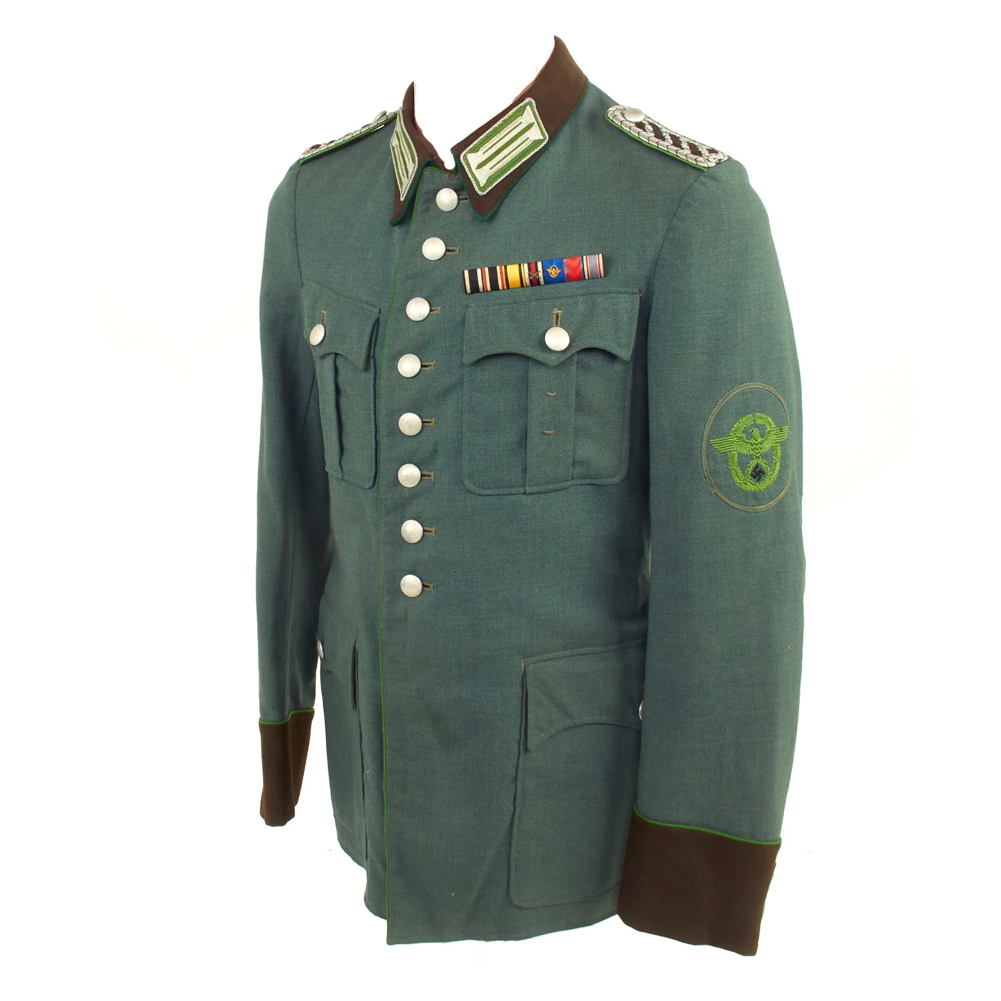 Original German WWII Schutzpolizei Meister NCO's M36 Field Tunic with WWI & WWII Era Medal Bar - Schupo