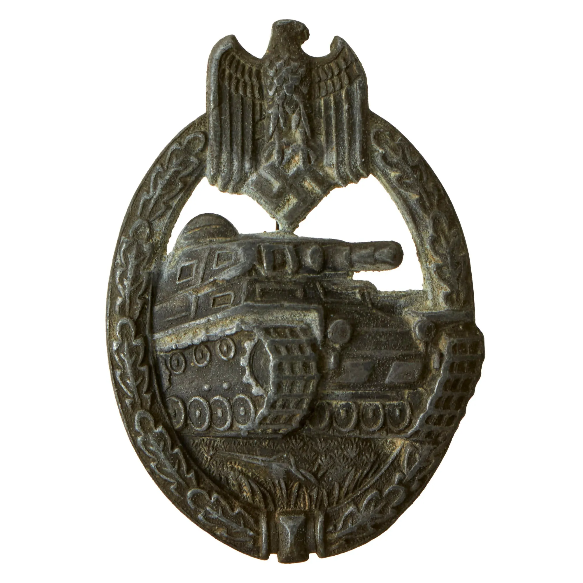 Original German WWII Silver Grade Panzer Assault Tank Badge - Unmarked Scoop Back Style